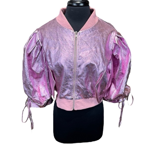 Akira Pink Metallic Bubble Sleeve Cropped Jacket Size XL – Runs Small - Picture 3 of 11